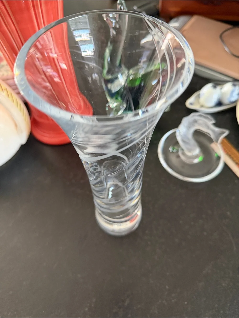MILLER ROGASKSA CRYSTAL “ODYSSEY” 10” Vase Swirl Etched Clear & Frosted Accents